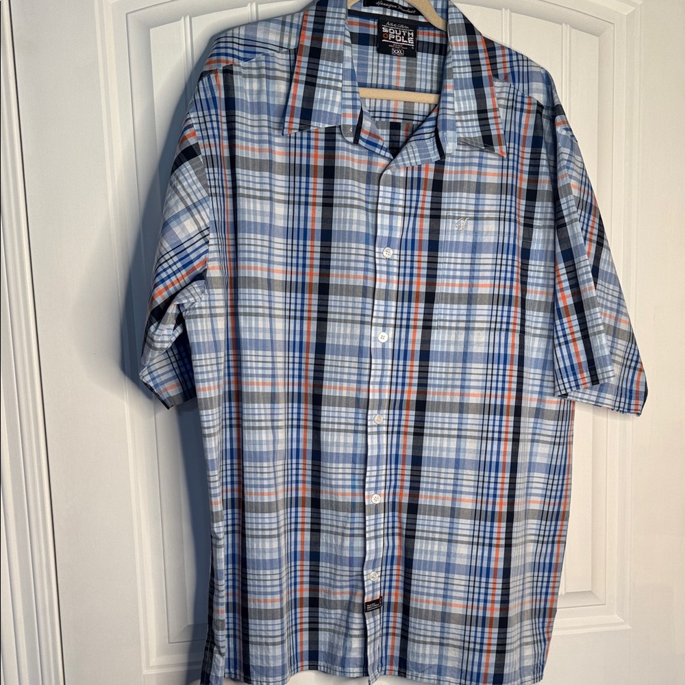 South Pole Men's Short-Sleeve Plaid Button Down Shirt - Blue, Orange XXL NWOT